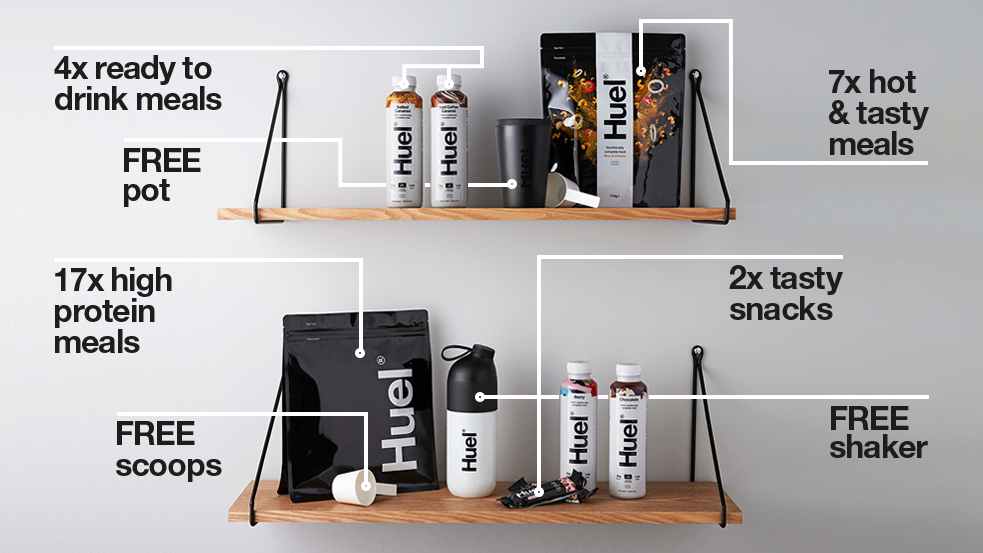Huel bars, Huel ready to drink bottles, Huel black edition puch, and a Huel hot and savoury puch